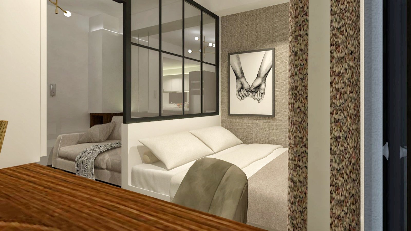 Urbina Residence studio interior with modular-and-glass divider.