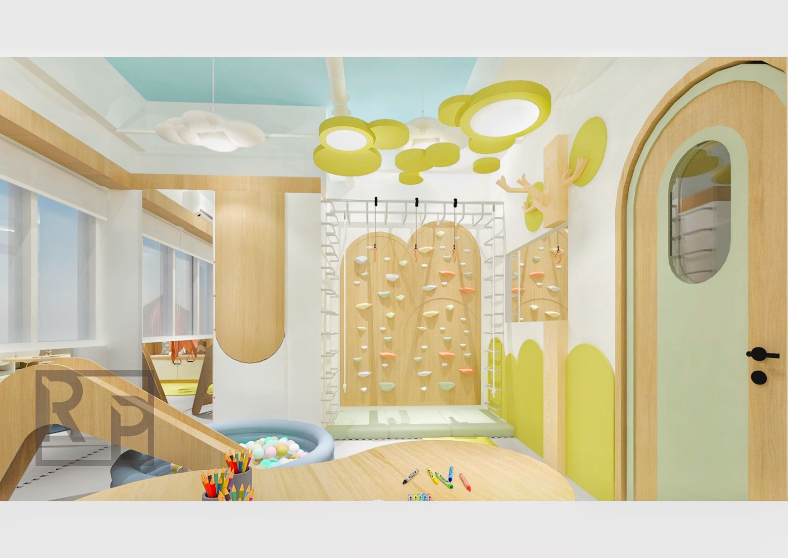 Ready, Set, Learn playschool and therapy center interior render.
